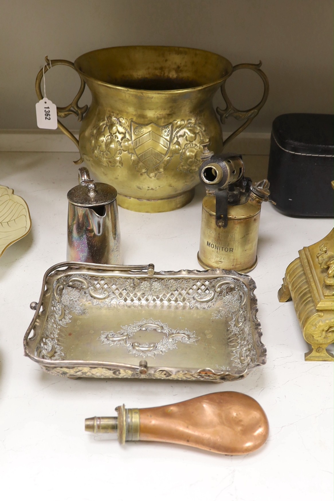 A brass paraffin blow torch, a copper shot flask and a Dutch embossed brass bowl
